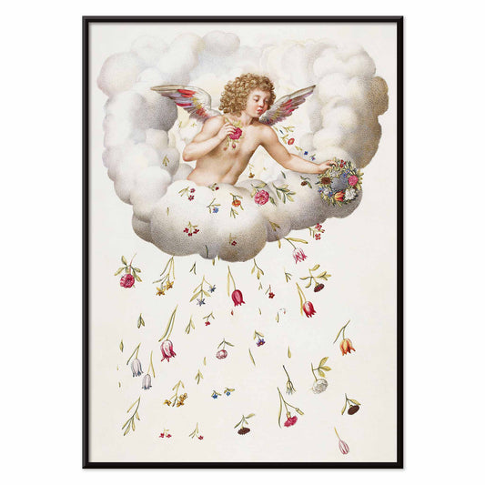 Angel or cherub with wings sitting on a cloud scattering flowers La Guirlande de Julie illustration artwork poster, with black aluminium frame on white background