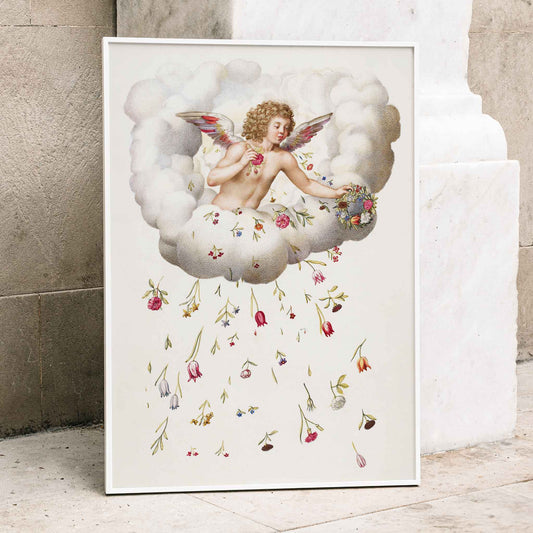 Angel or cherub with wings sitting on a cloud scattering flowers La Guirlande de Julie illustration artwork poster, framed and displayed in home decor