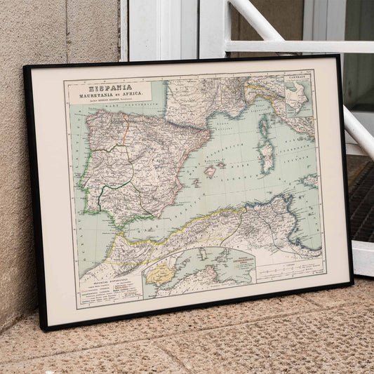 Vintage map illustration of Hispania Mauretania and Africa by Kiepert Heinrich showing detailed geographical features, framed and displayed in home decor