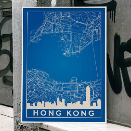 Minimalist Valencia Map poster by artist Minimalist featuring a detailed blue and white city map and skyline, framed and displayed in home decor