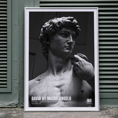 David by Michelangelo Buonarroti classic sculpture and grayscale poster from Mo Art Gallery Florence, framed and displayed in home decor