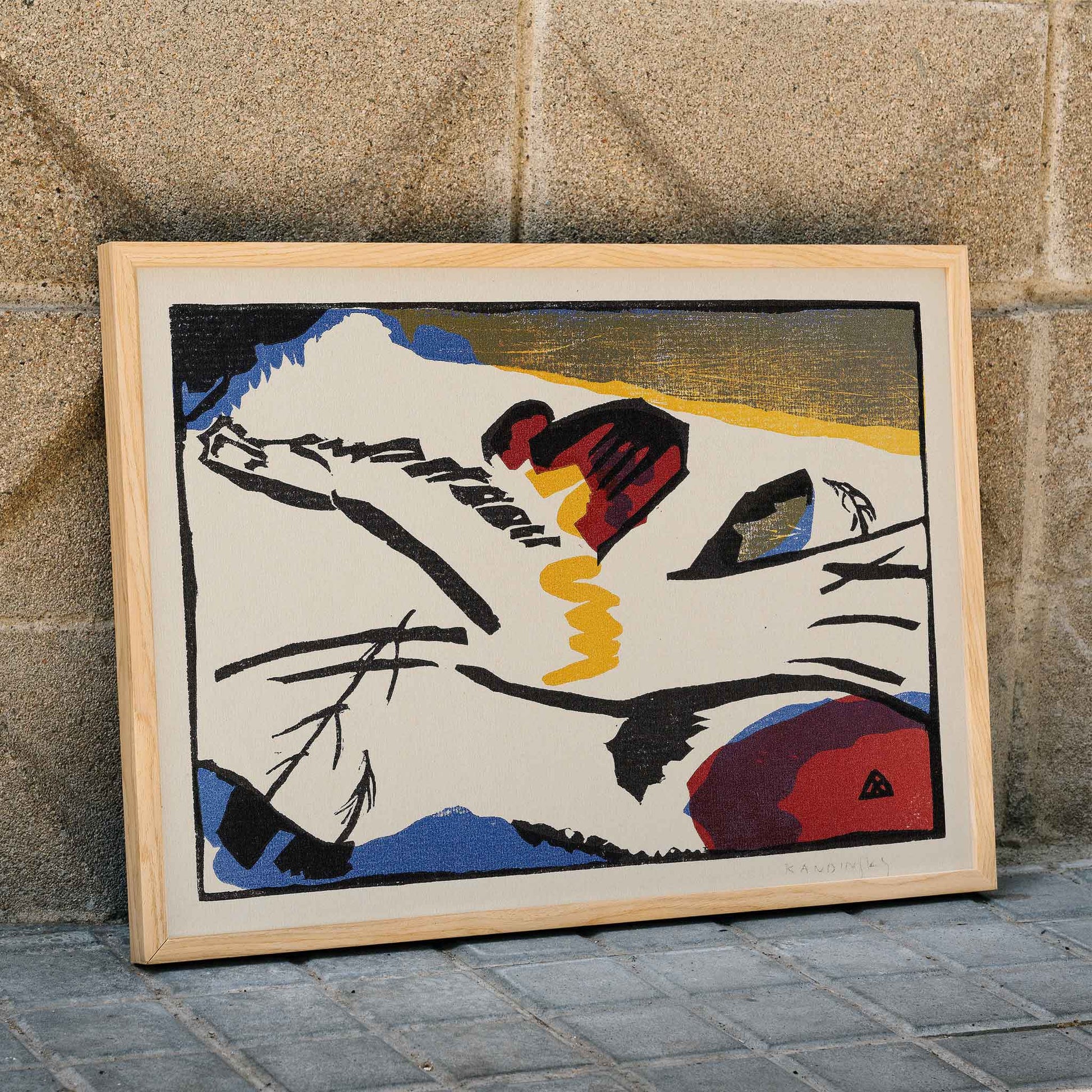 Abstract modern art poster Lyrisches by Wassily Kandinsky with bold lines and vivid colors, framed and displayed in home decor