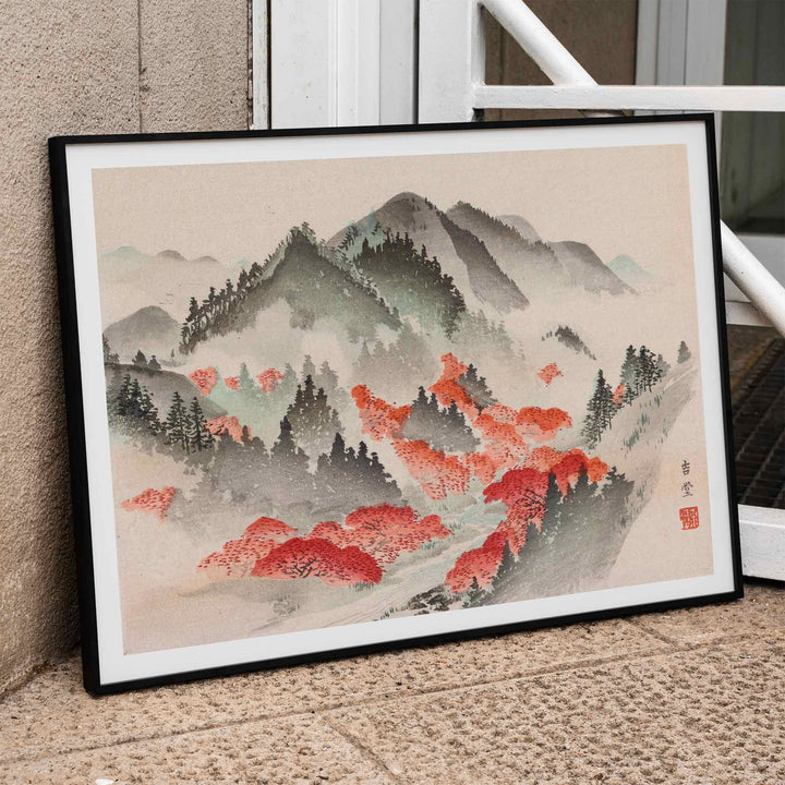 Heian meisho Japanese landscape poster with misty mountains vibrant autumn foliage and red trees in traditional painting style, framed and displayed in home decor