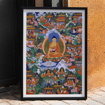 Shakyamuni Buddha in Avadana Legend Scenes painting and poster depicting life events teachings and surrounded by various figures in a vibrant detailed illustration, framed and displayed in home decor