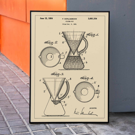 Vintage technical drawing and poster of coffee filter pot patent by P Schlumbohm with schematic and design details, framed and displayed in home decor