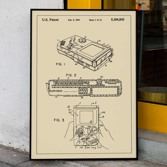 Gameboy Patent technical drawing and poster artwork by Nintendo ideal for gaming decor and collectors, framed and displayed in home decor