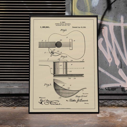 Musical Instrument Patent by H Ernst with detailed technical drawings of a stringed instrument and guitar patent illustration poster, framed and displayed in home decor