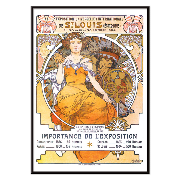 Art Nouveau poster of a woman in a flowing yellow dress with floral motifs Exposition de Saint Louis by Alphonse Mucha, with black aluminium frame on white background