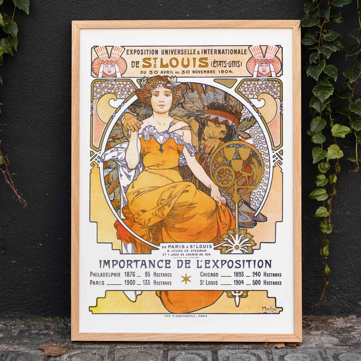 Art Nouveau poster of a woman in a flowing yellow dress with floral motifs Exposition de Saint Louis by Alphonse Mucha, framed and displayed in home decor