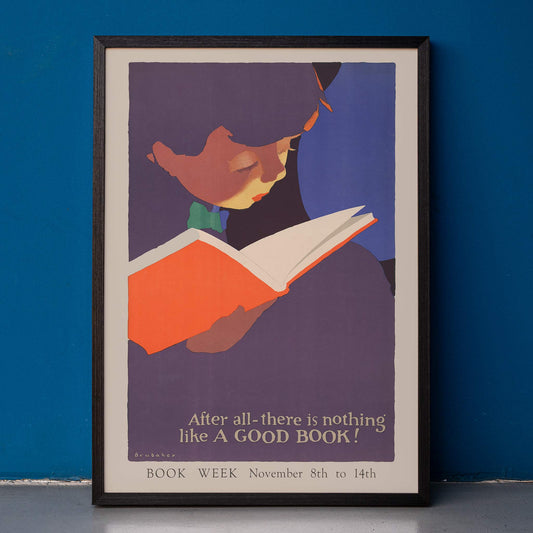 Child reading an orange book in vibrant colors illustrated in After all there is nothing like a good book by Jon O Brubaker, framed and displayed in home decor