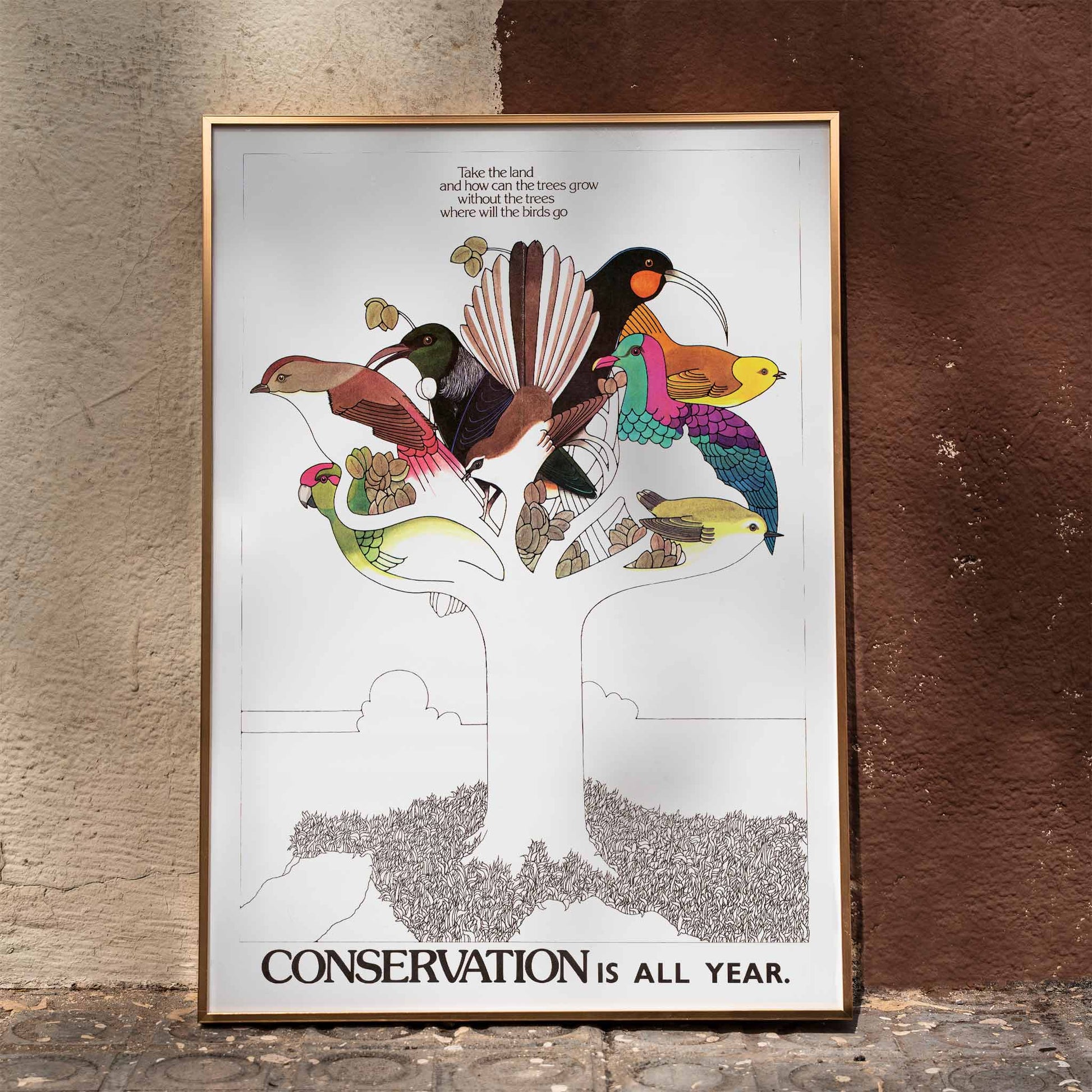 Colorful birds on a tree illustration and poster with conservation message titled Conservation is All Year by US Information Agency, framed and displayed in home decor