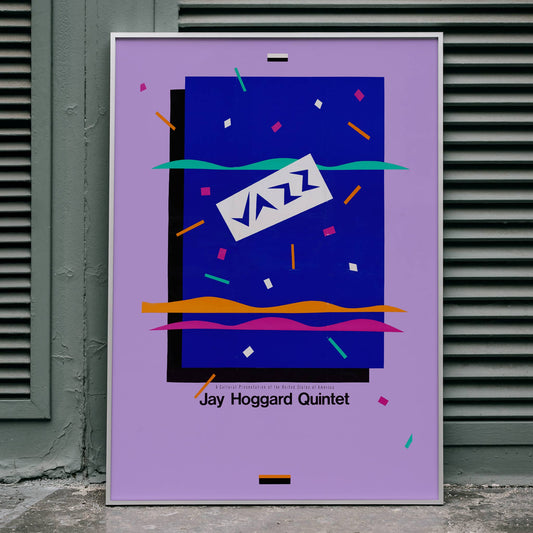 Colorful poster with abstract design and text Jazz Jay Hoggard Quintet featuring vibrant colors geometric shapes and unique artwork, framed and displayed in home decor