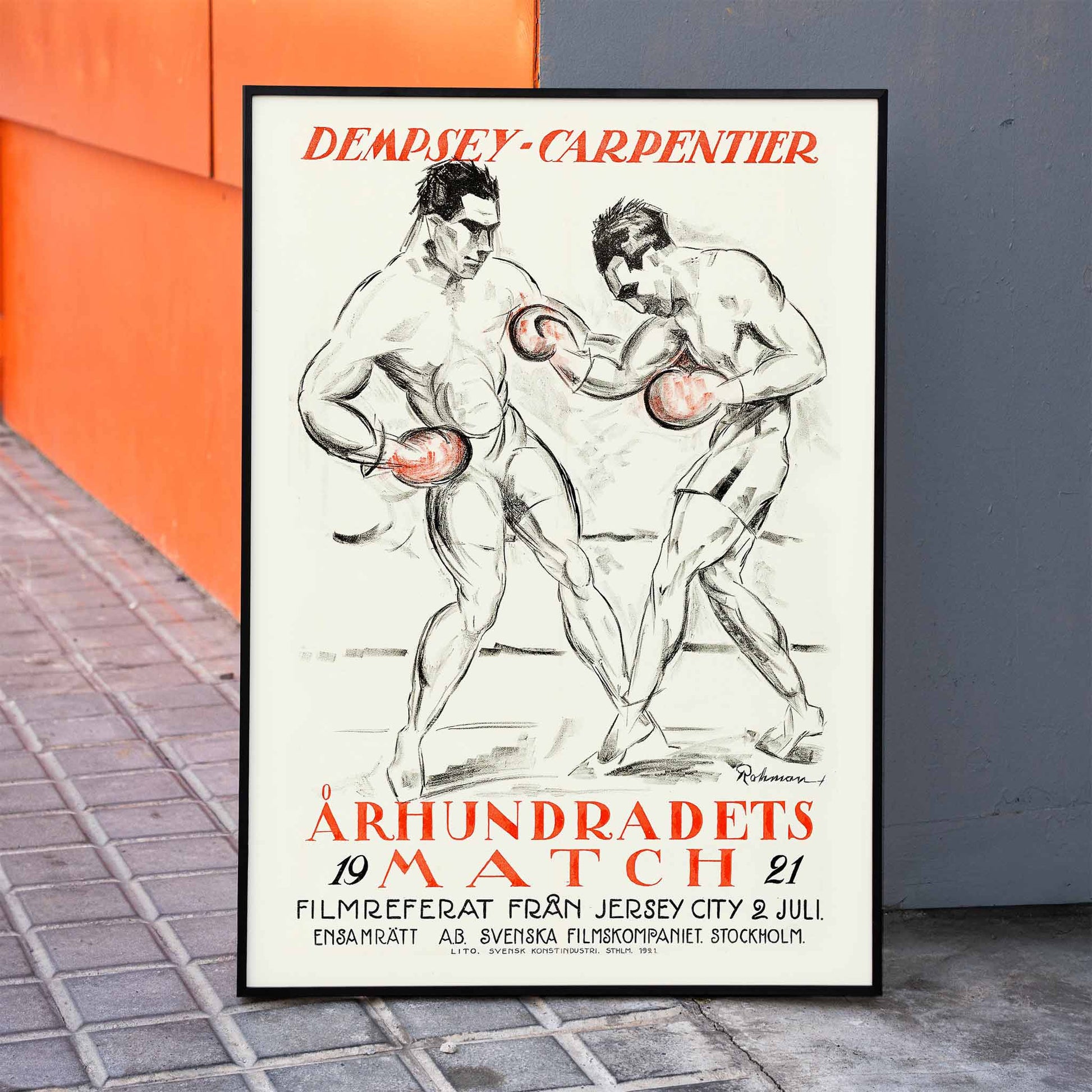Boxing Match of the Century Dempsey Vs Carpentier illustration and poster by Eric Rohman showing two boxers mid fight with Swedish text, framed and displayed in home decor