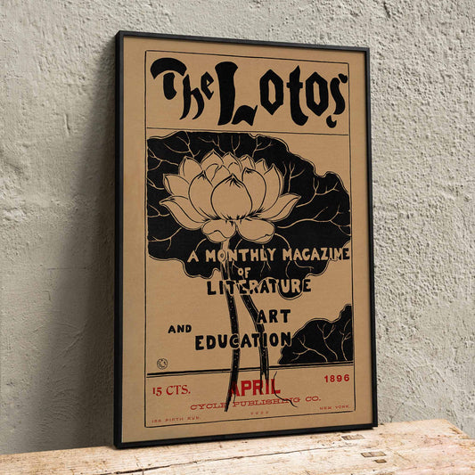 The Lotos monthly magazine cover and poster by Arthur Wesley Dow featuring lotus flower illustration and art education themed typography, framed and displayed in home decor