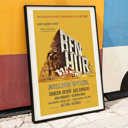 Ben-Hur film poster by William Wyler with Charlton Heston Jack Hawkins large stone chariot race horses and ancient Roman architecture, framed and displayed in home decor
