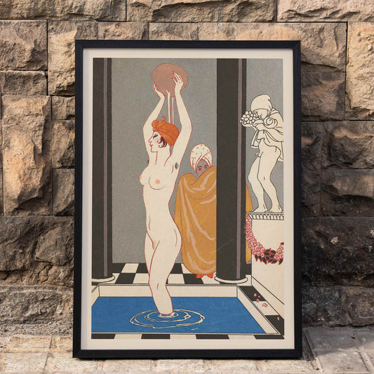 Art Deco woman bathing inspired by La Vasque by George Barbier with another figure in robe beside statue, framed and displayed in home decor