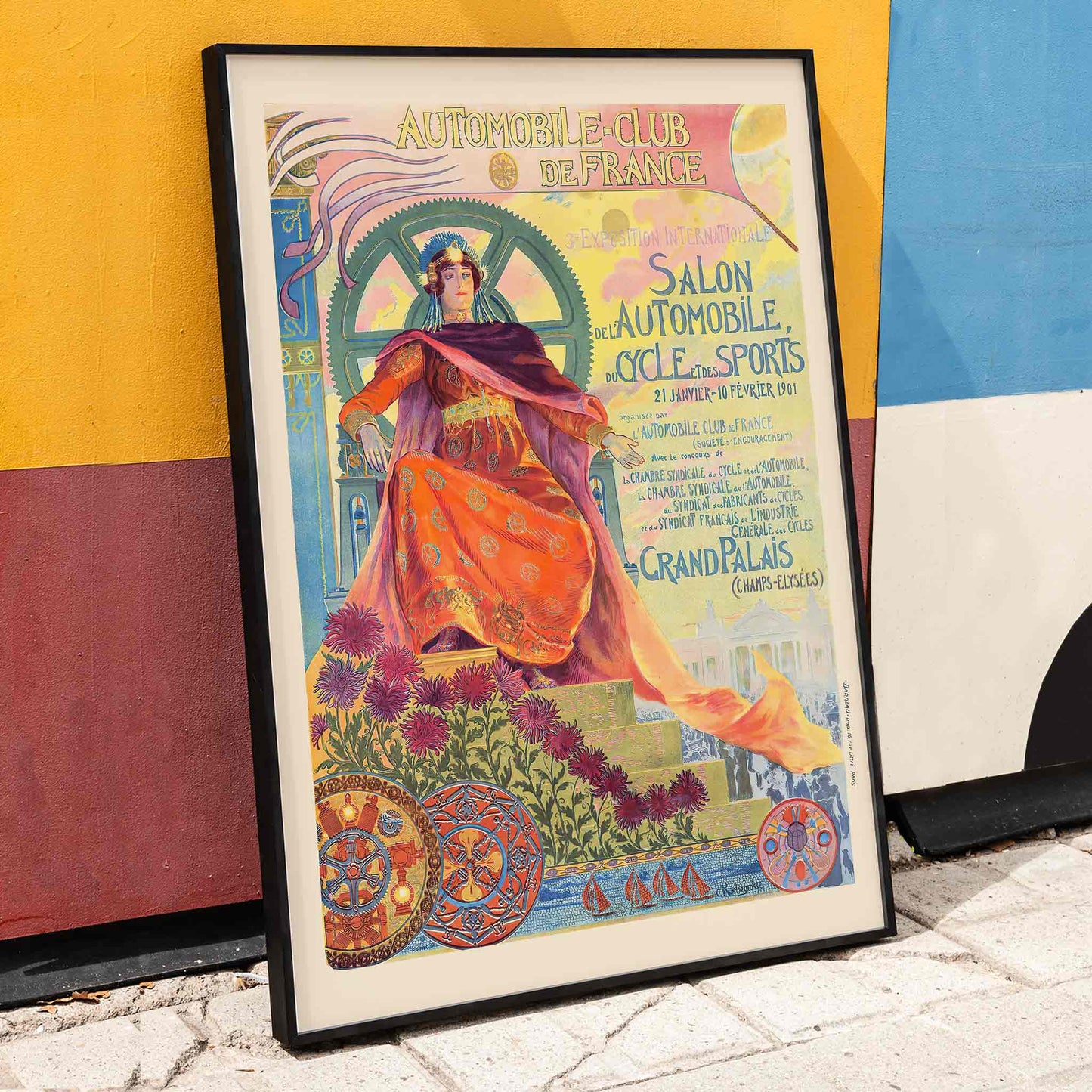 Art Nouveau poster of a regal woman with vibrant colors gears and flowers by Georges Antoine Rochegrosse for Automobile Club De France, framed and displayed in home decor