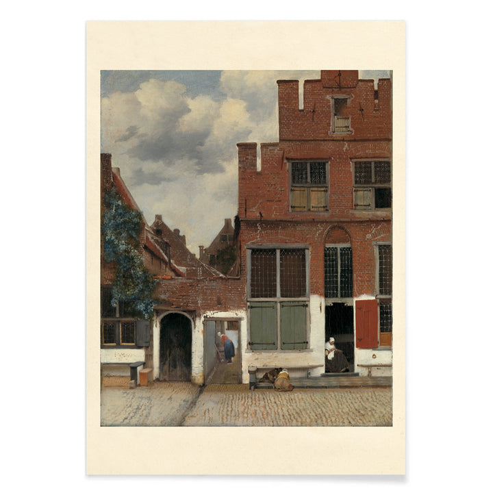 Poster of a charming street scene with brick houses and figures from View of Houses in Delft The Little Street by Johannes Vermeer, with black aluminium frame on white background