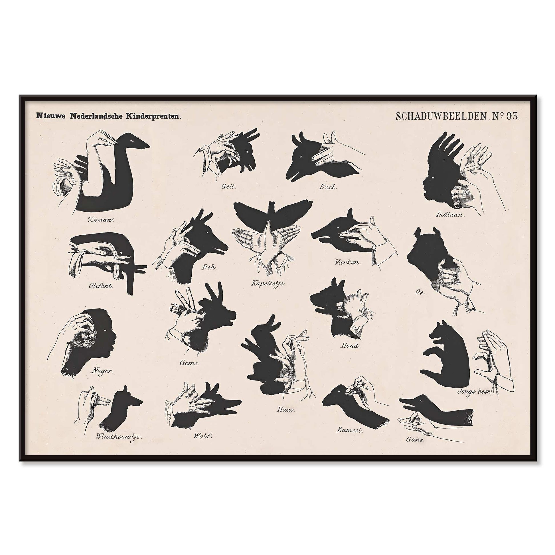 Vintage hand shadow puppet illustrations and animal shapes poster from Shadow Hands by George Lodewijk Funke artwork, with black aluminium frame on white background