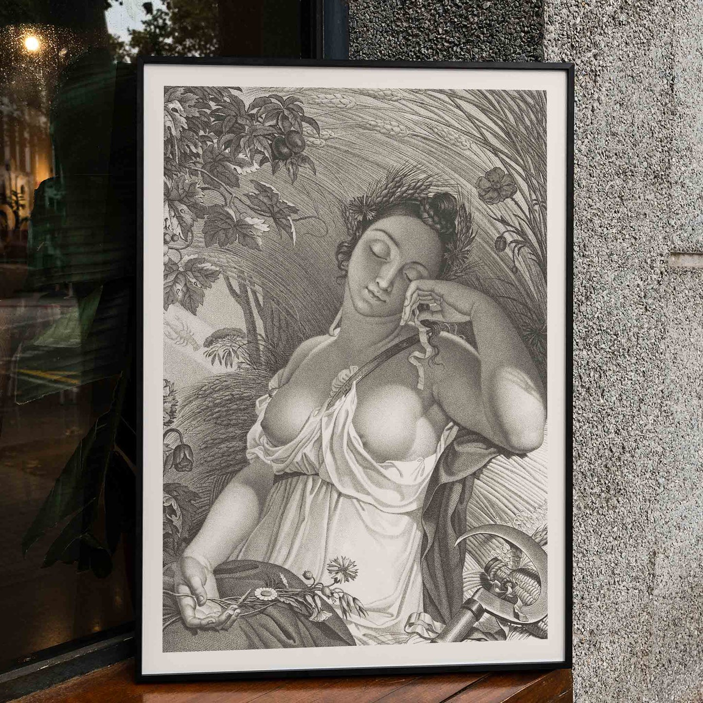 Sleeping Woman by Salvatore Tresca serene woman sleeping in a lush natural setting with flowers and wheat poster, framed and displayed in modern living room decor