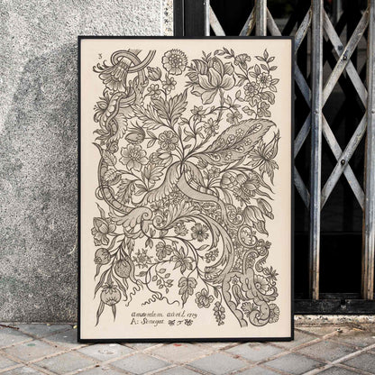 Floral textile pattern and botanical line art poster with intricate flowers by Alexander Senegat Design for textiles Flowers, framed and displayed in home decor