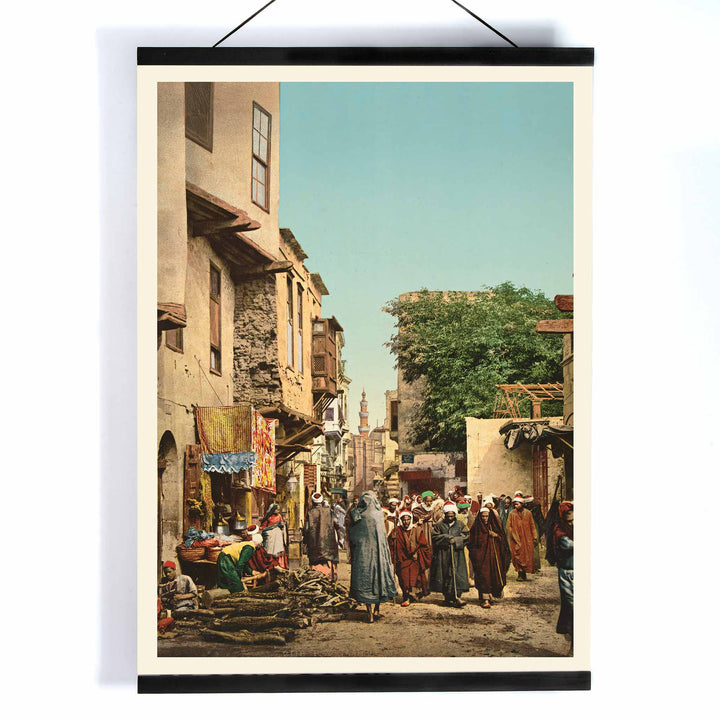 Street scene in North Africa vibrant market view busy street with people artwork by unknown artist poster, with wooden magnetic frame on white background