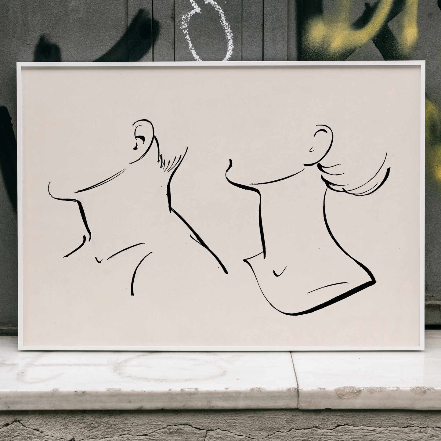 Minimalist ink drawing and line art poster of man and woman necks by Hans Borrebach, framed and displayed in home decor
