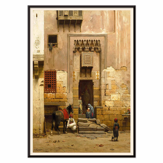 People and a horse in a sunlit Middle Eastern courtyard from The Courtyard of a house in Cairo by Willem de Famars Testas poster with architectural details, with black aluminium frame on white background
