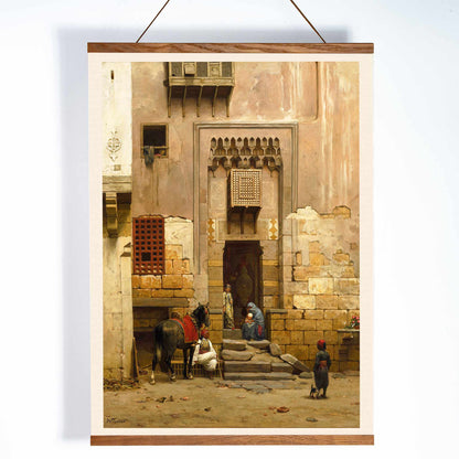 People and a horse in a sunlit Middle Eastern courtyard from The Courtyard of a house in Cairo by Willem de Famars Testas poster with architectural details, with wooden magnetic frame on white background