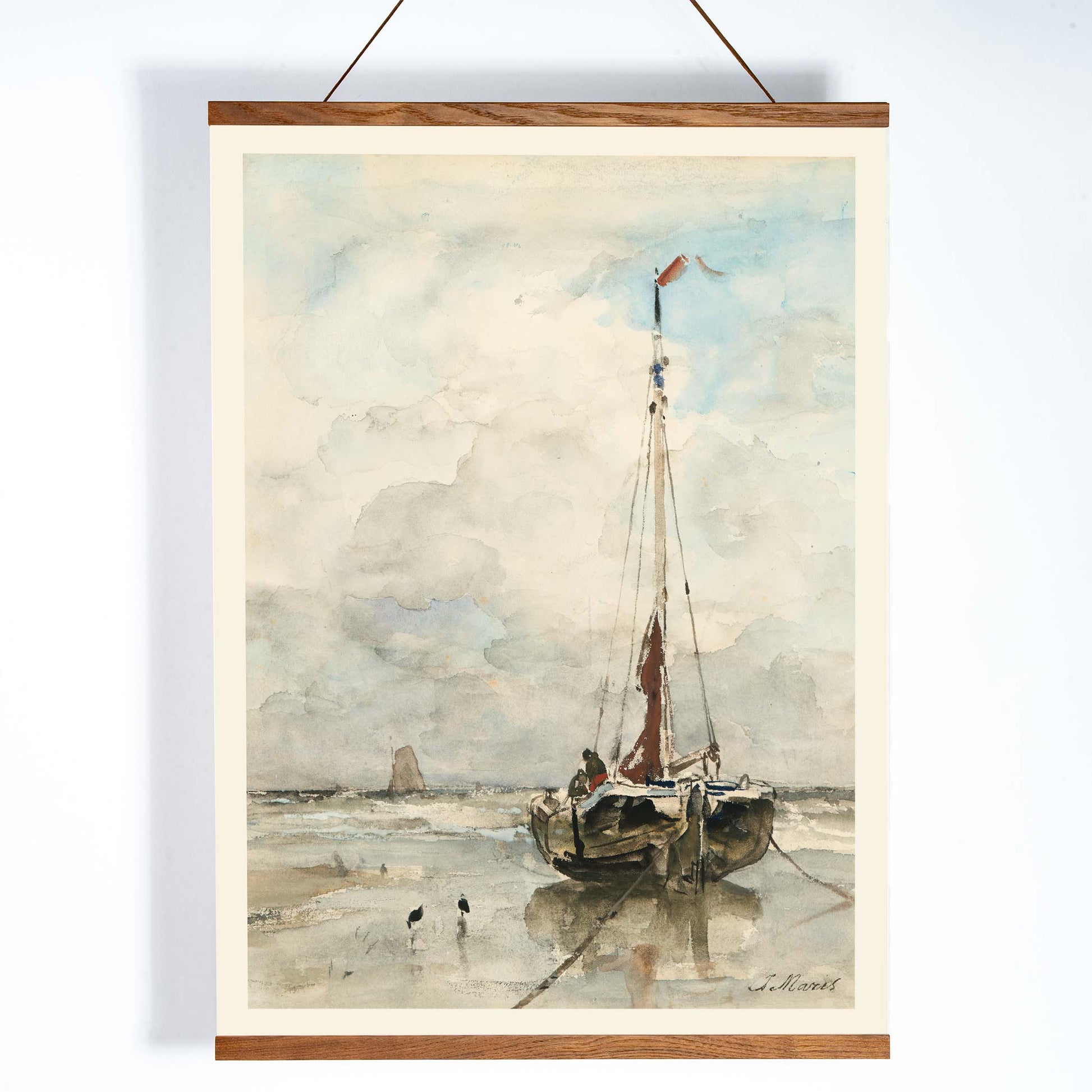 Sail boat on sandy beach under cloudy sky artwork by Jacob Maris poster inspired by Sail boat on the beach, with wooden magnetic frame on white background