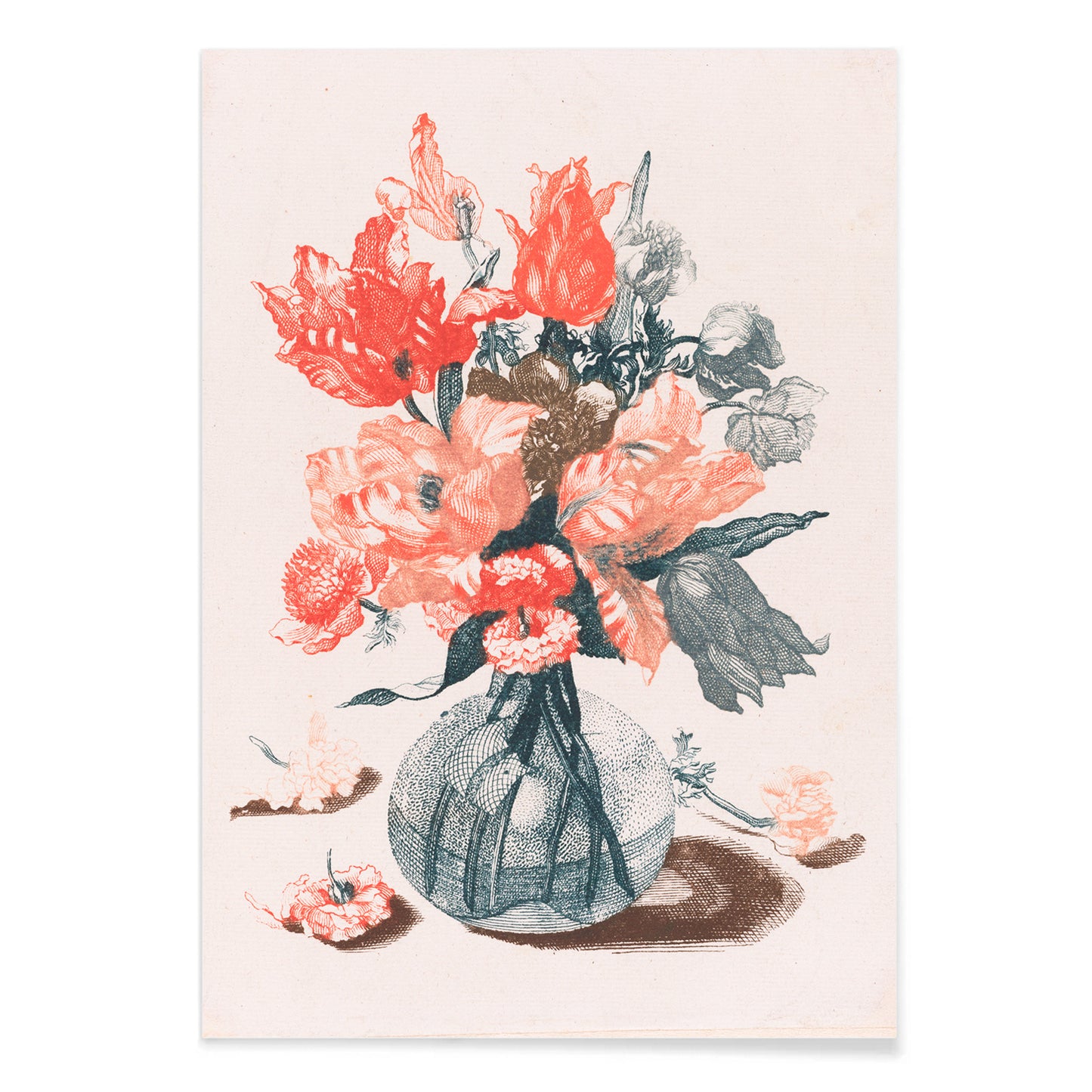 Colorful vibrant floral arrangement in a glass vase artwork and poster by Jean Baptiste Monnoyer from Five Prints of Flowers in Glass Vases, with black aluminium frame on white background