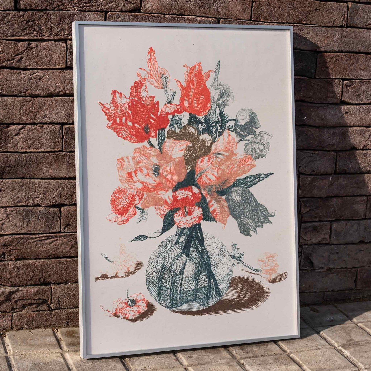 Colorful vibrant floral arrangement in a glass vase artwork and poster by Jean Baptiste Monnoyer from Five Prints of Flowers in Glass Vases, framed and displayed in home decor