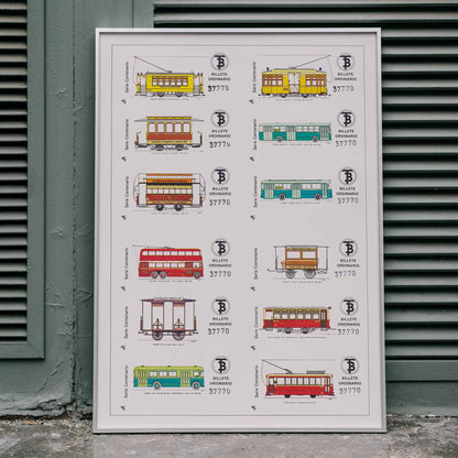 Vintage Barcelona bus and tram tickets poster with colorful illustrations from Compania de Tranvia de Barcelona Billetes de Bus de Barcelona, framed and displayed in home decor