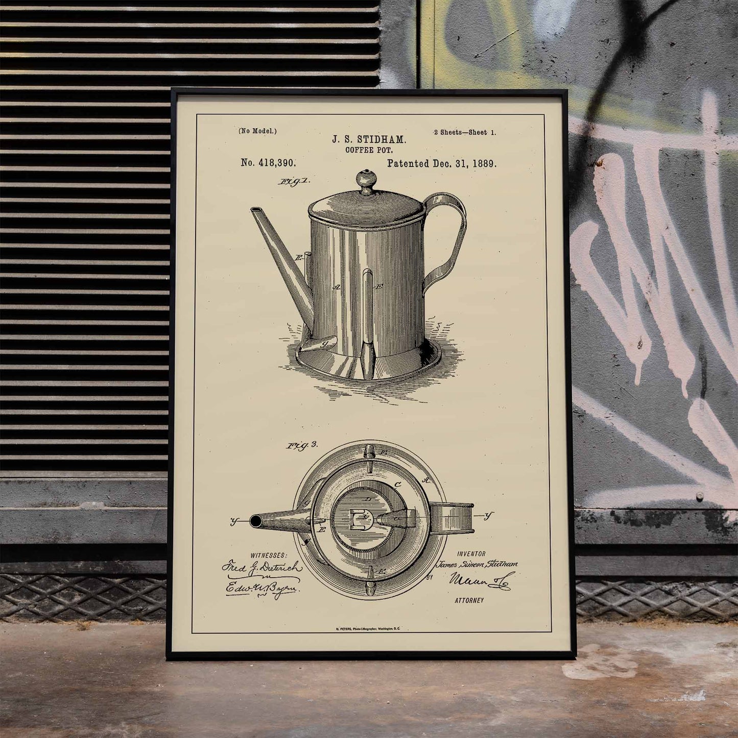 Patent illustration poster of a coffee pot by JS Stidham with detailed technical drawings, framed and displayed in home decor