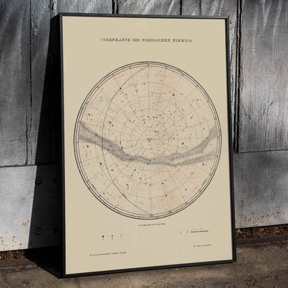 Vintage astronomy poster featuring a detailed map of northern sky stars titled Nothern Sky Star Poster by The Institute of Liepzig perfect for wall decor, framed and displayed in home decor