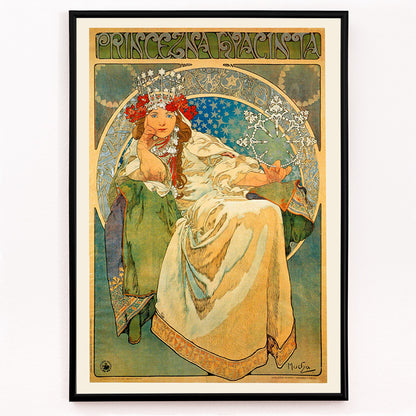 Closeup detail of Art Nouveau poster of Princess Hyacinta in flowing gown with crown and floral accents by Alfons Mucha