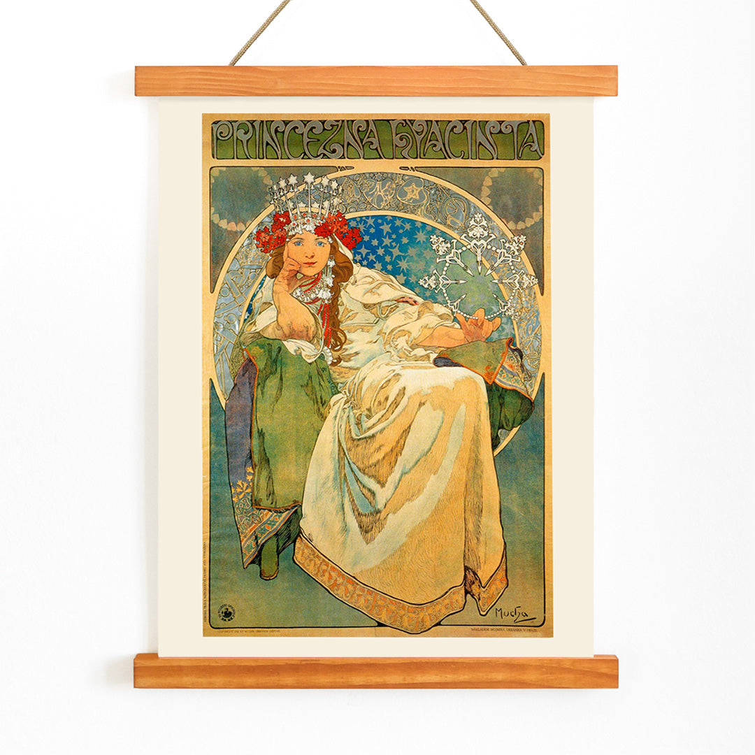 Art Nouveau poster of Princess Hyacinta in flowing gown with crown and floral accents by Alfons Mucha, with wooden magnetic frame on white background