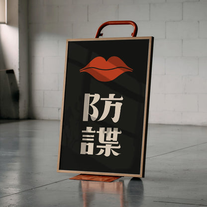 Red Lips by Ikko Tanaka minimalist poster with bold red lips and Japanese characters on black background, framed and displayed in home decor