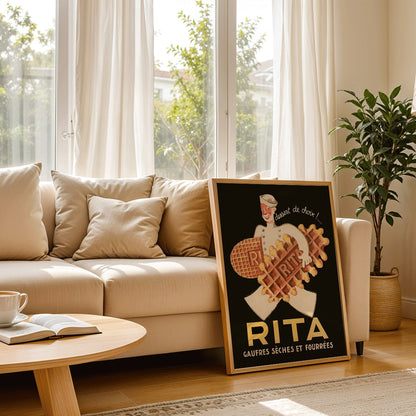 Chef holding waffles with dessert de choix by Leon Dupin titled Rita Gaufres on a vintage style poster promoting desserts, framed and displayed in modern living room decor