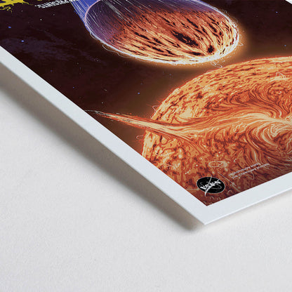 Closeup detail of NASA poster of The Roasted Planet exoplanet being scorched by its star with vivid eruptions and a burning surface