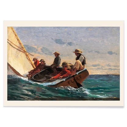 Sailboat crew navigating ocean waves and people sailing on a boat in the sea The Flirt by Winslow Homer, with black aluminium frame on white background