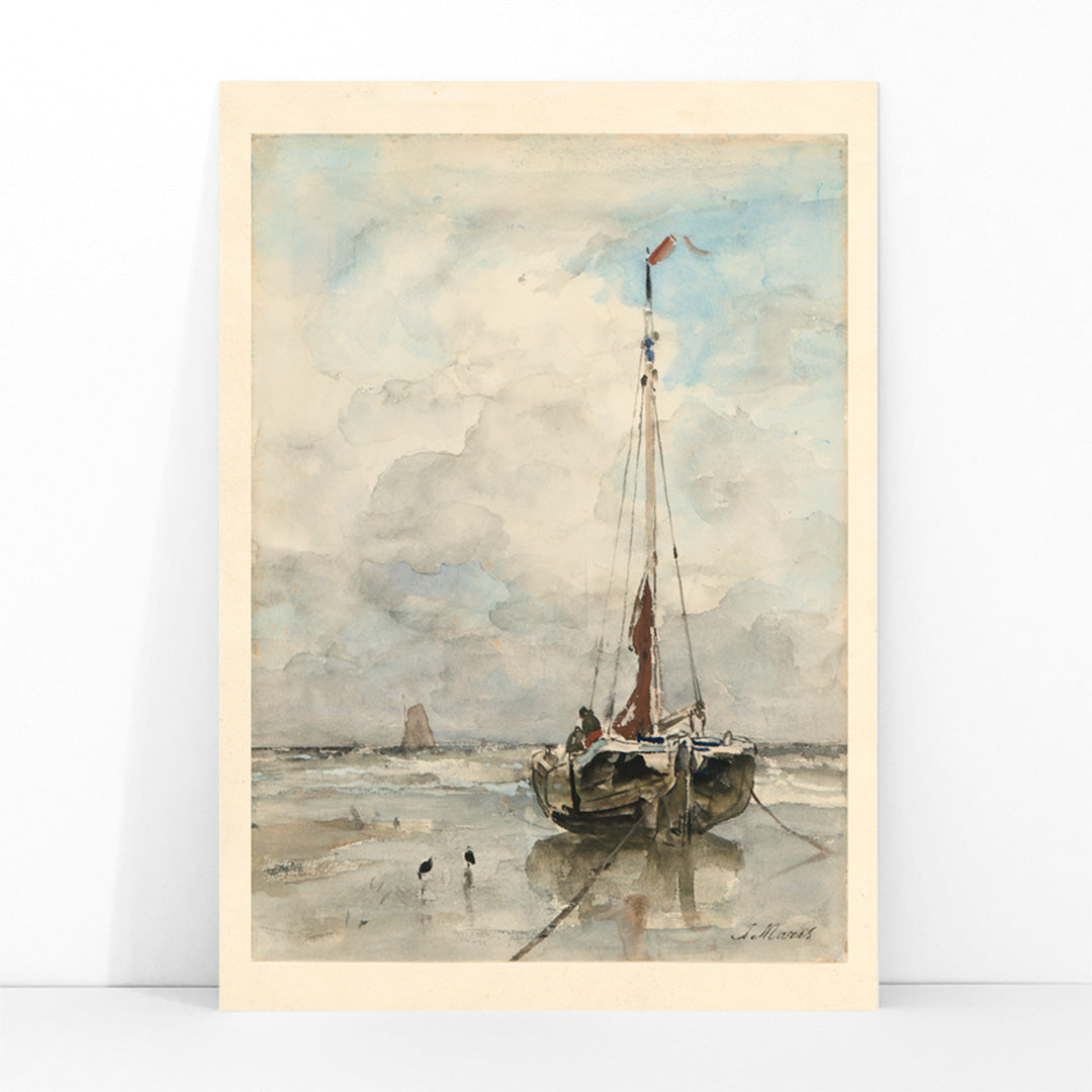 Sail boat on sandy beach under cloudy sky artwork by Jacob Maris poster inspired by Sail boat on the beach, framed and displayed in modern living room decor