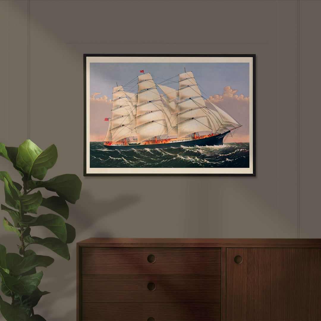 Clipper Ship Three Brothers by Currier and Ives majestic sailing ship poster at sea largest vessel in the world, framed and displayed in home decor