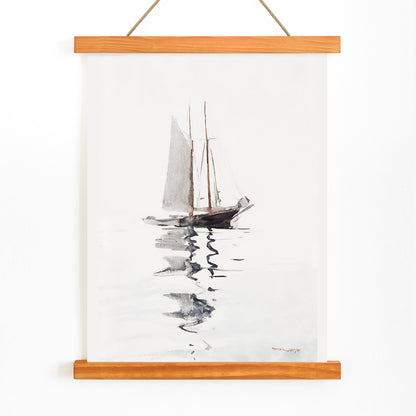 Watercolor painting and poster of a two masted schooner with dory on calm water in watercolor style by Winslow Homer, with wooden magnetic frame on white background