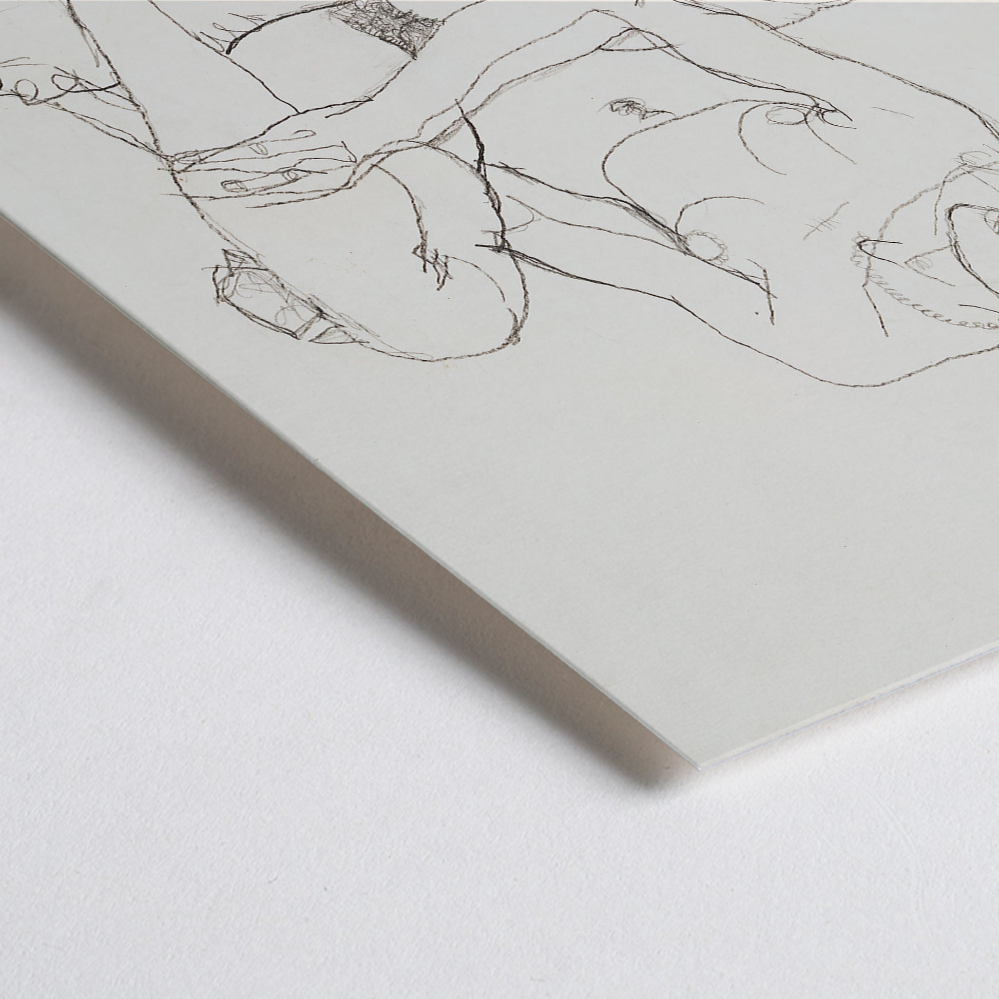 Closeup detail of Egon Schiele Seated Nude Woman poster with delicate black linework on minimalist white background