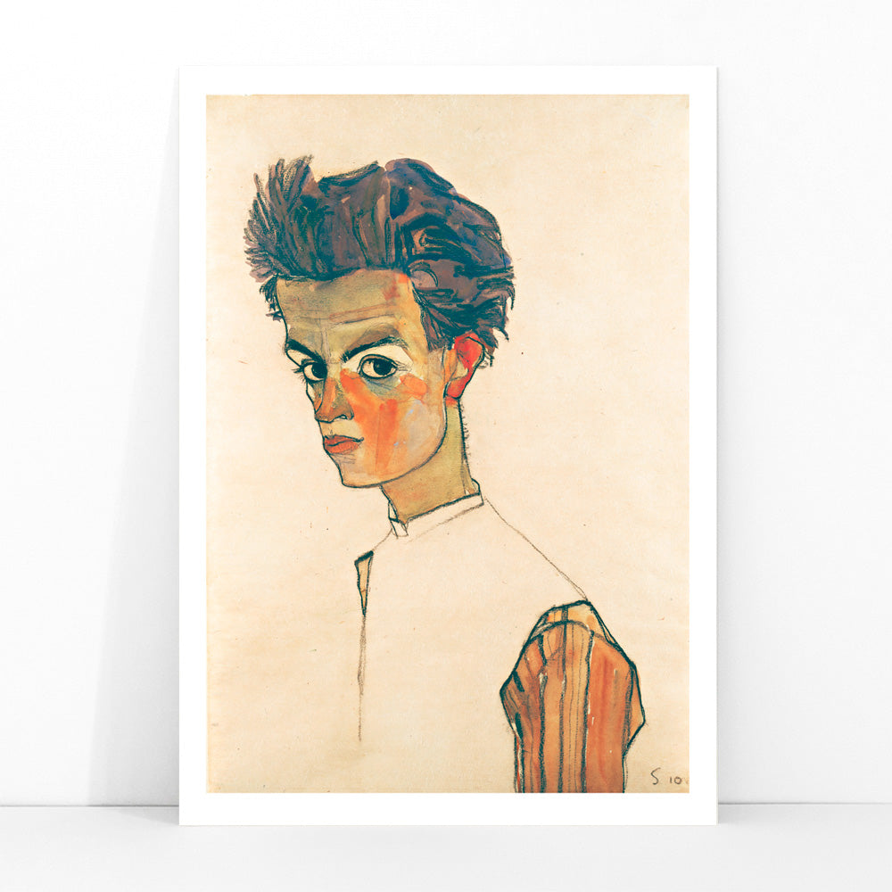 Colorful expressionist self-portrait painting of a young man in a striped shirt by Egon Schiele titled Self-Portrait with Striped Shirt poster, framed and displayed in modern living room decor