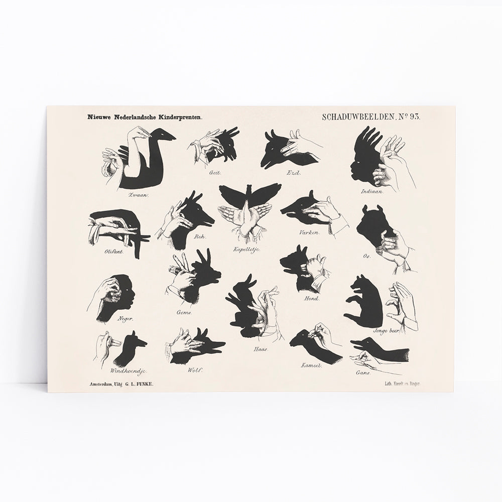 Vintage hand shadow puppet illustrations and animal shapes poster from Shadow Hands by George Lodewijk Funke artwork, framed and displayed in modern living room decor