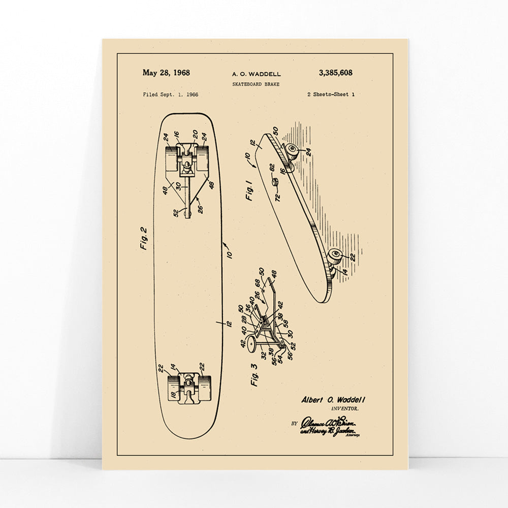 Technical illustration and poster of skateboard brake concept by artist A O Waddell titled Skate Board Brake Patent featuring labeled technical drawings for wall decor, framed and displayed in modern living room decor