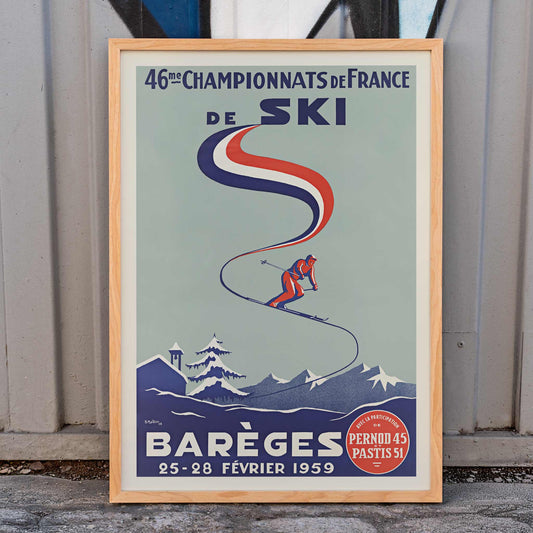 H. Mathieu French Ski Championships poster for Barèges with alpine skier, blue slopes, red and white ribbon graphics, snowy mountains, framed and displayed in home decor