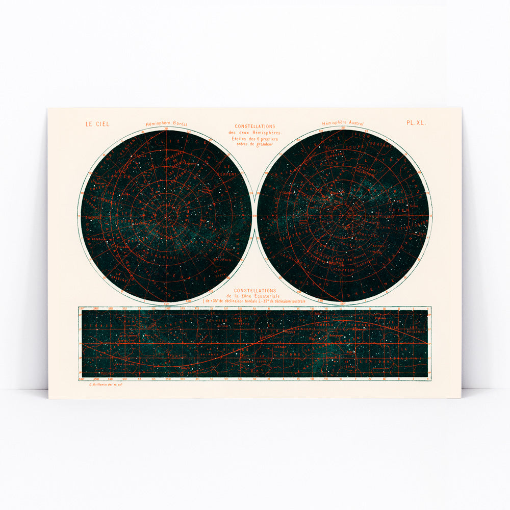 Celestial chart and poster of the two hemispheres night sky by Guillemin Amédée showing Constellations of the Two Hemispheres star maps, framed and displayed in modern living room decor